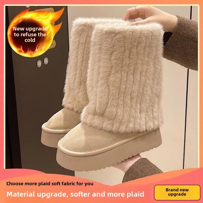 Fashion Women's Thick-Soled Fleece-Lined Mid-Calf Snow Boots - Wide-Foot Friendly, Warm Cotton Boots with Rubber Sole, Comfortable