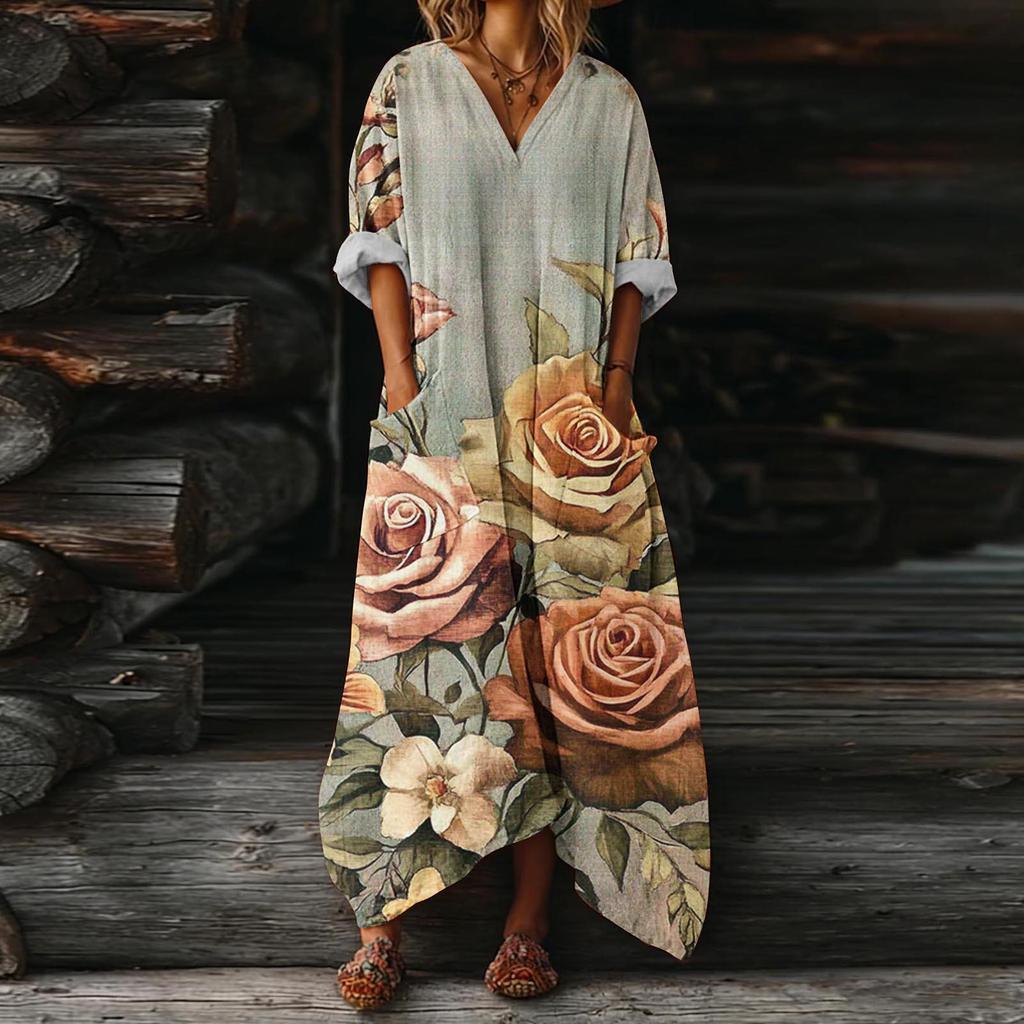 Luźna Sukienka Kaftan z Dekoltem V i Kwiatowym Wzorem z Kieszeniami Długi Rękaw Codzienna Sukienka Maxi dla Kobiet Wygodny Design