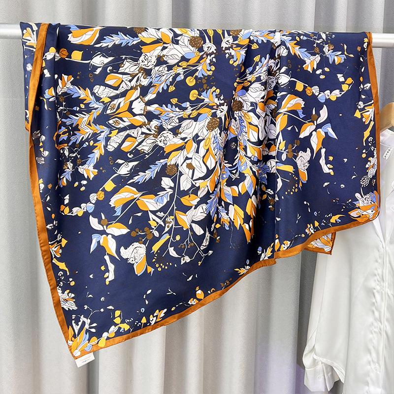 Japan And Korea Sweet Wind Silk Scarf Women'S Printed Scarf Satin Imitation Silk 90Cm Large Square Scarf Travel Sunscreen Shawl