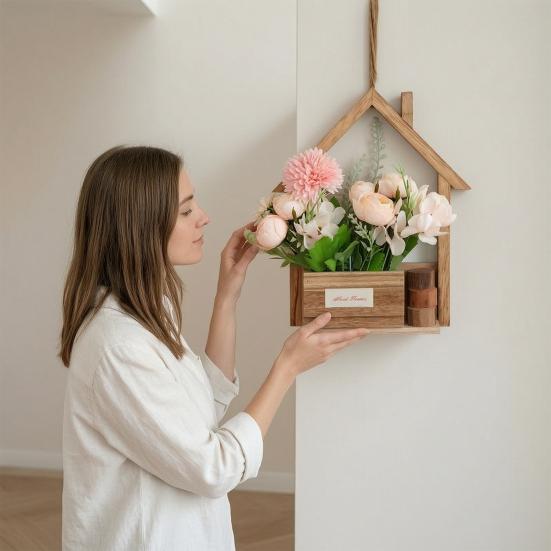 Boho Wall Decor for Living Room Wooden Planter, Creative Hanging Flower Pot Basket Indoor Plants Decorative Faux Flowers, Rustic Balcony Decoration