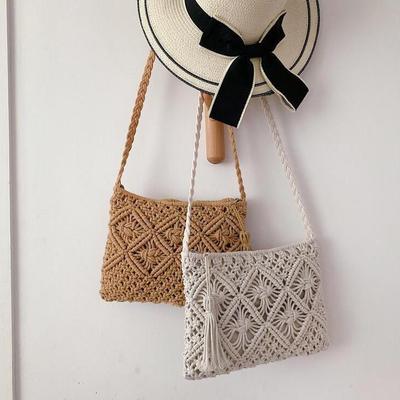 Bavlněná šňůra Třásně Ručně tkaná Dvojí použití Slaměná taška - Dámská Crossbody Spojka & Ramenní Plážová taška