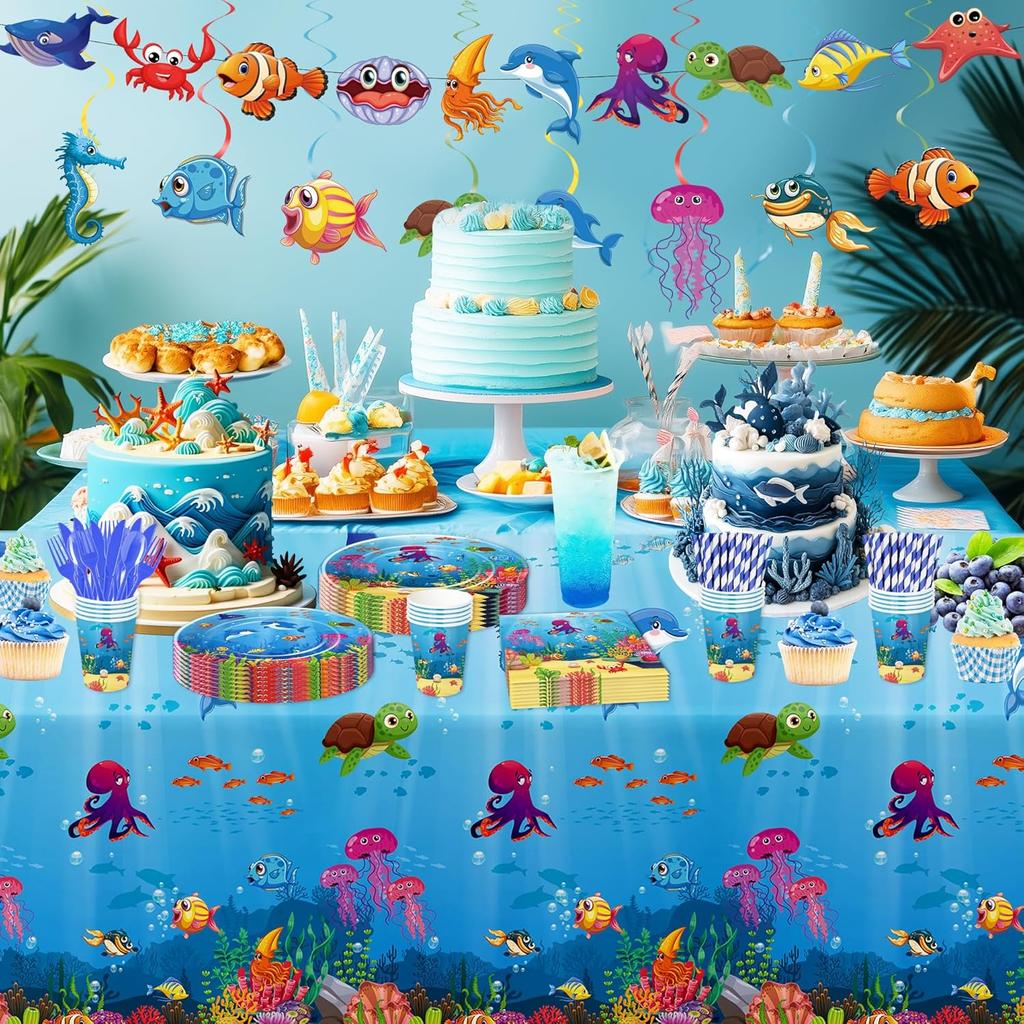 Under The Sea Party Decorations Tablecloth, 3Pcs Disposable Underwater Sea Life Blue Ocean Theme Birthday Baby Shower Tablecover Supplies, 86in x