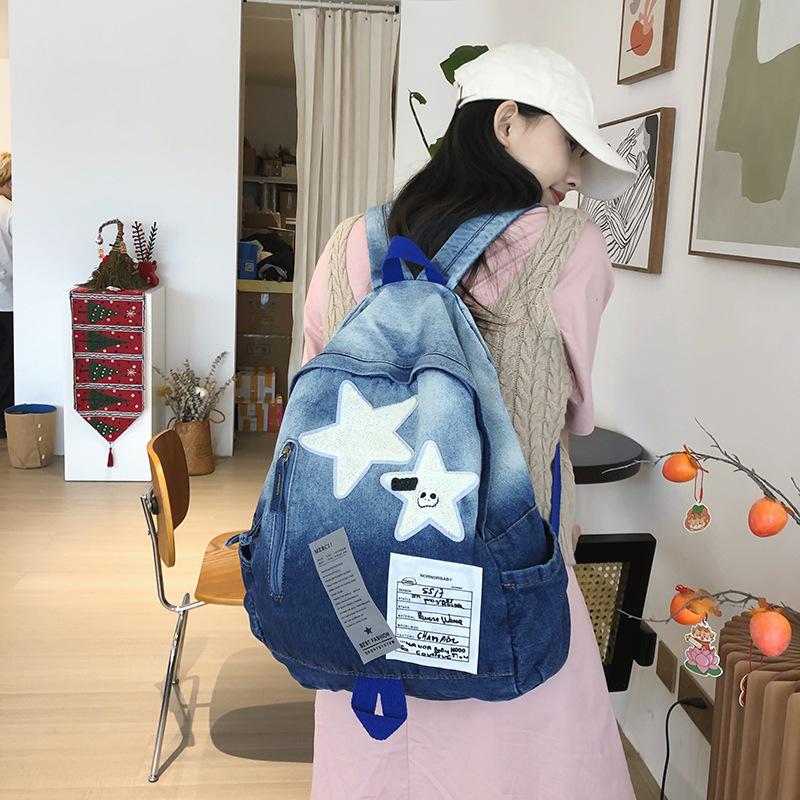 Middle school student schoolbag large capacity personality foreign style backpack new leisure travel star denim backpack