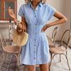 European and American Summer Women's Shirt Dress Blue Striped Cardigan Short-sleeved Dress