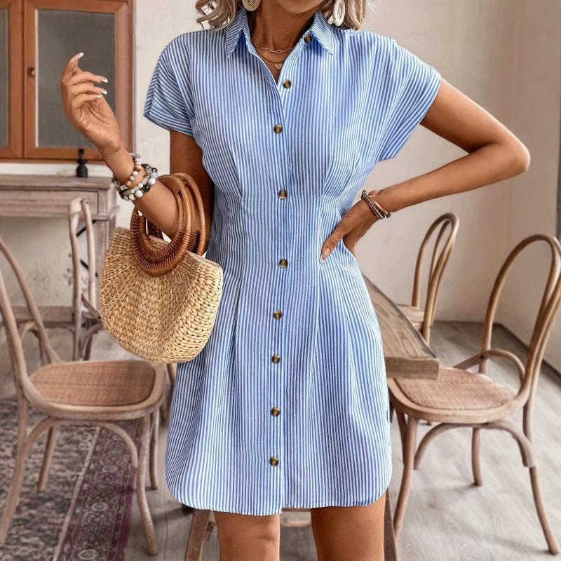 European and American Summer Women's Shirt Dress Blue Striped Cardigan Short-sleeved Dress