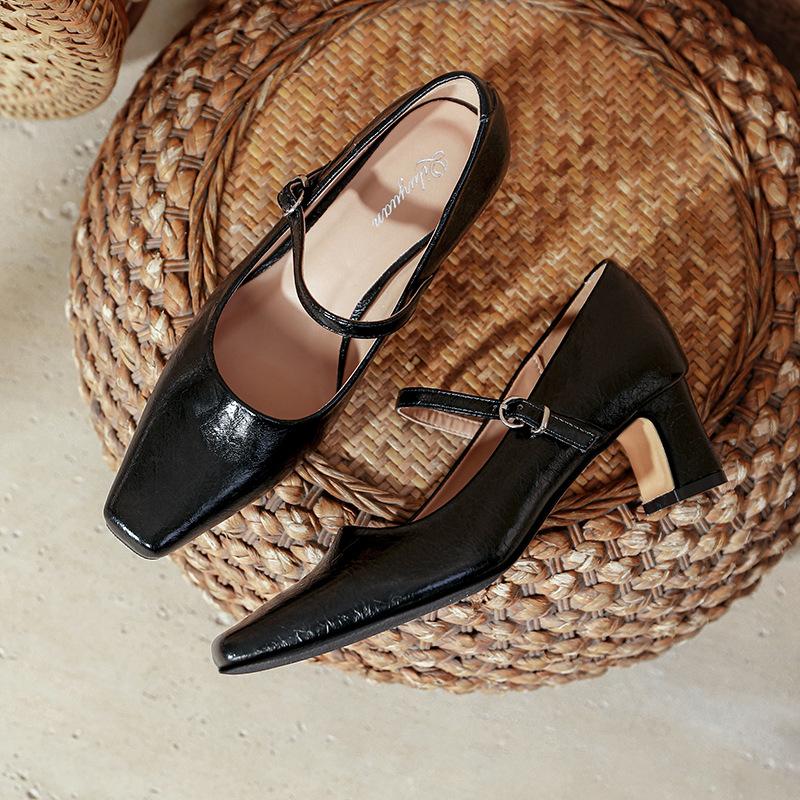 Mary Jane High Heels Thick Heel New Large Size Women's Shoes Black Temperament Square Head Light Mouth Single Shoes