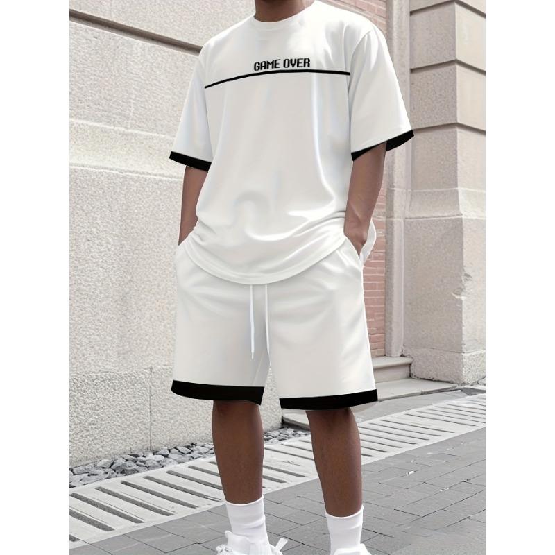 Sommer Einfarbiges T-Shirt und Shorts Set Buchstabendruck Kurzarm-Oberteil mit Kordelzug-Shorts Streetwear Herrenmode Sportbekleidung