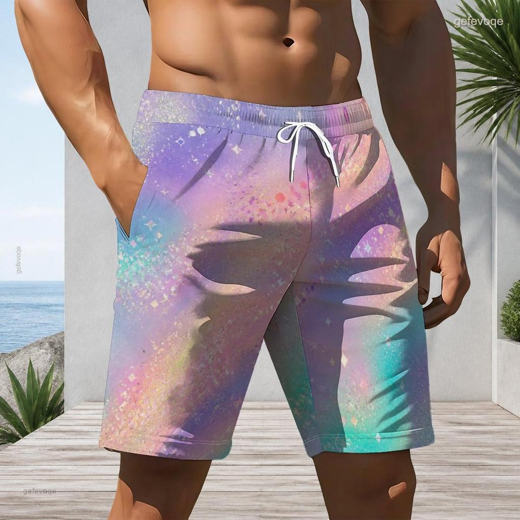 Men Plus Size Colorful Glitter Printed Beach Shorts Drawstring Waist Straight Leg With Side Pockets