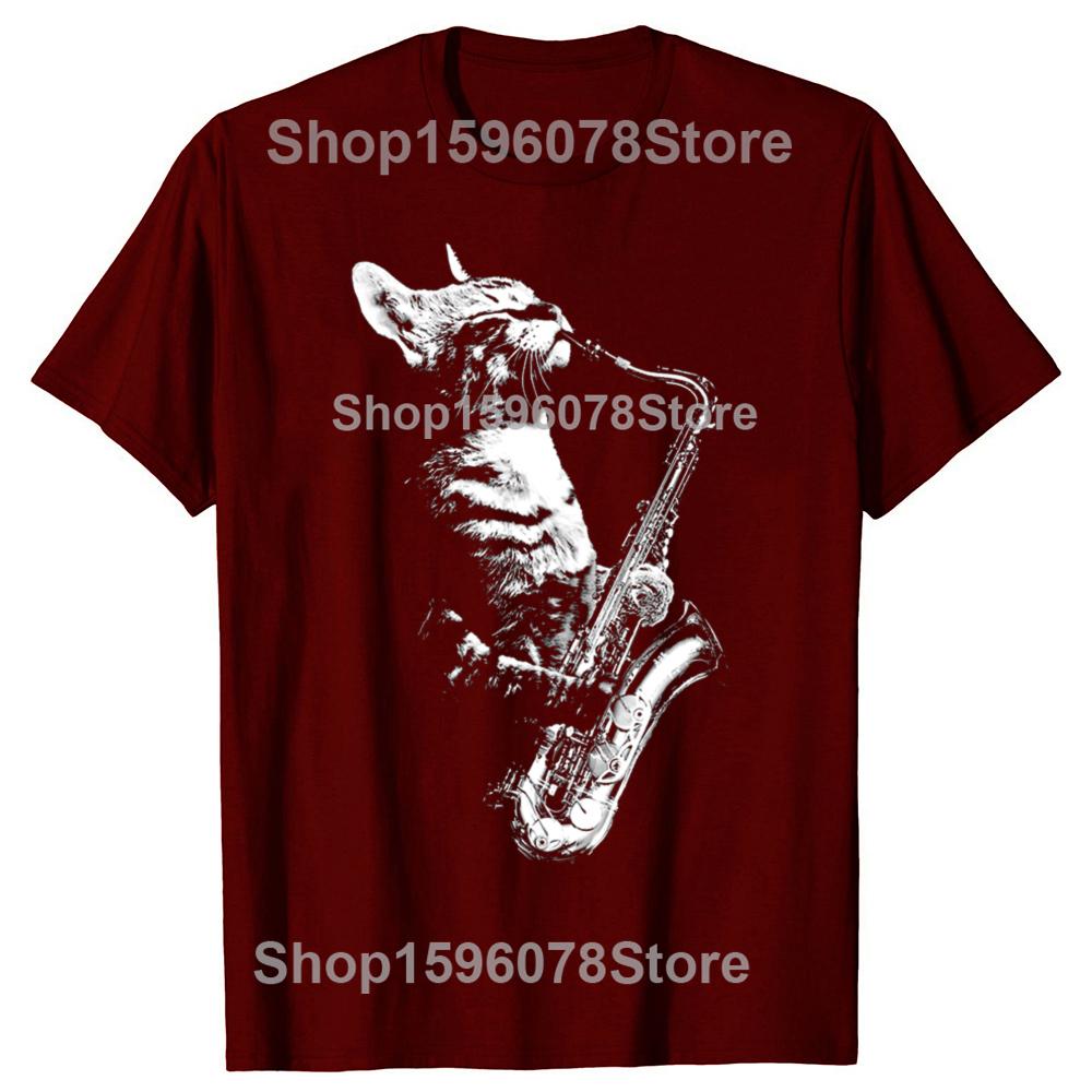 Funny Cat Playing Saxophone Cat Jazz Sax Music Saxophonist T Shirts Cotton Humor Tee Shirt Short Sleeve Unisex Loose Clothing