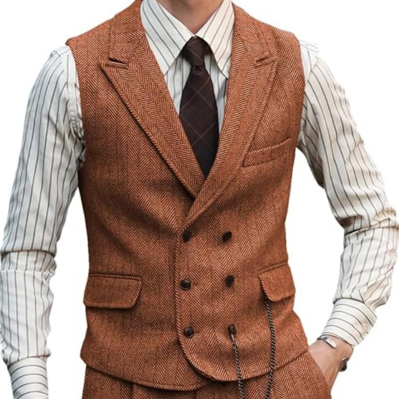 Men Vest Brown Suede Leather Gentleman Business Waistcoat Vintage Regular Slim Business Banquet Men Suit Vest