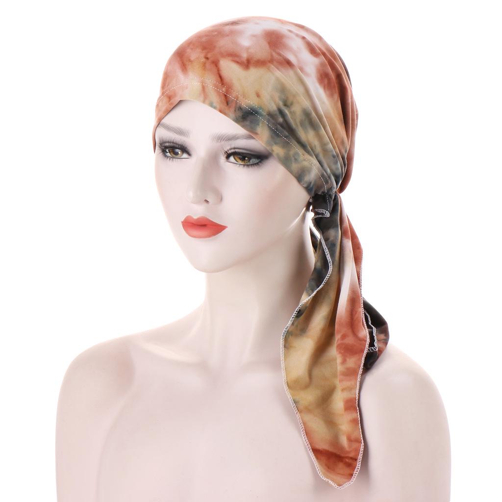 European-American Floral Print Two-Tail Curved Muslim Headscarf Pullover Hat