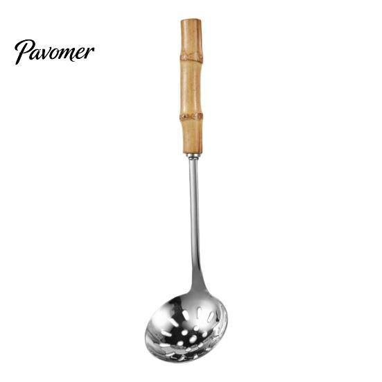 Heat Resistant Bamboo Handle Spoons Stainless Steel Hot Pot Spoon/Colander, Handles Comfortable Grip Soup Spoon, Easy Cleaning Mirror Polished Serving