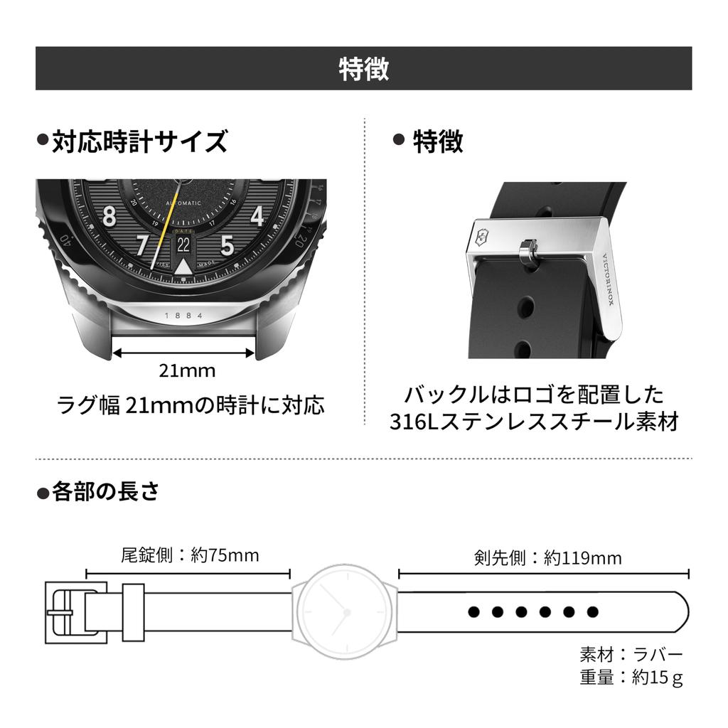 Watch Band 21mm Rubber Strap D2 Pin Buckle Watch Strap Replacement Strap Lightweight Breathable Black [Victorinox] Tool-free [] V.60043