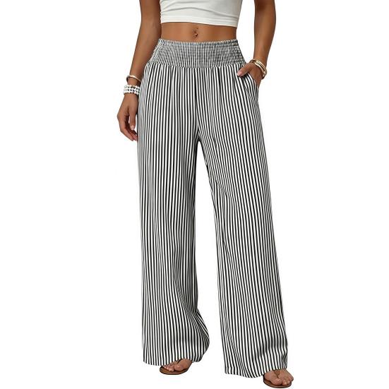 Women Wide Leg Pants Striped Pants, Summer Elastic Waist Casual Soft Lounge Trousers, Breathable Loose Fit Palazzo with Pockets