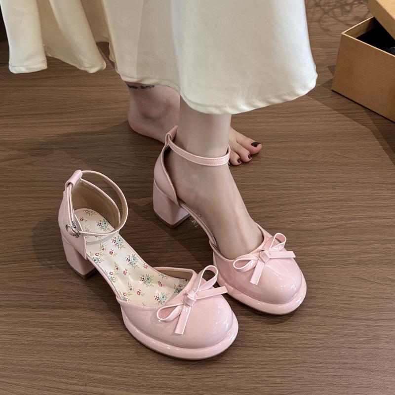 Retro Waterproof Table Hollow Mary Jane Shoes Women's New French Platform Sandals Thick Heel One-word Buckle with High Heel Single Shoes