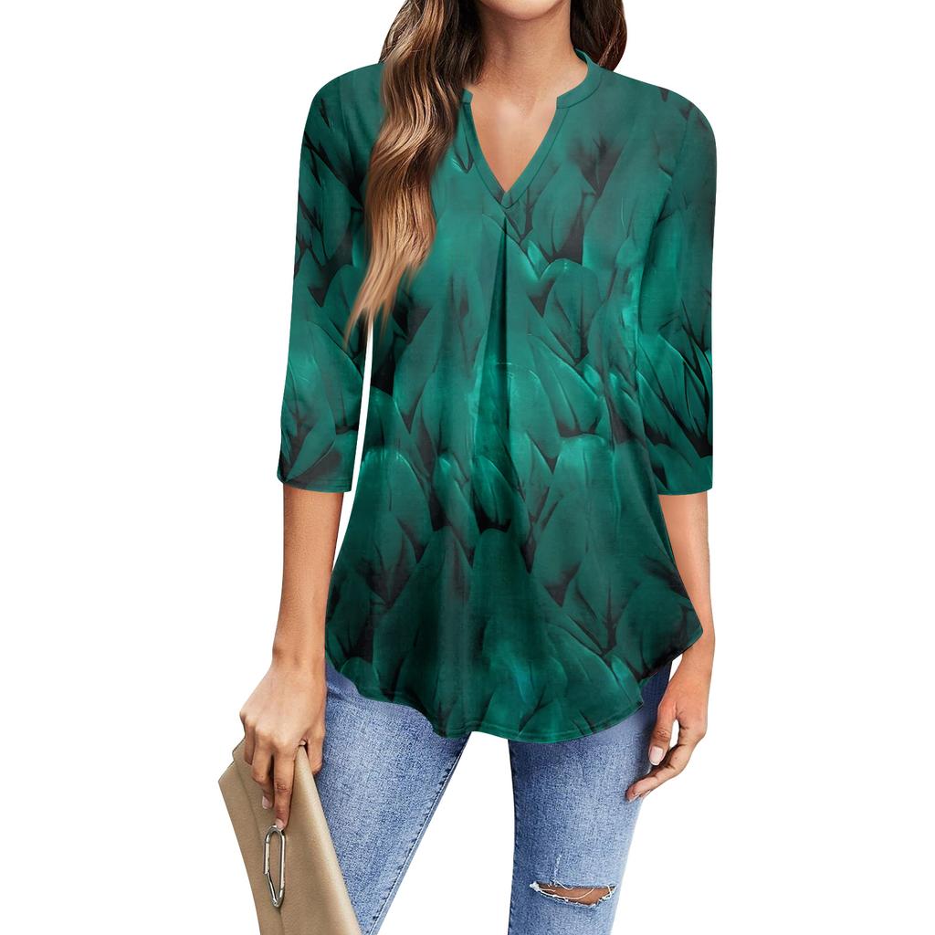 Women's Fashion Casual Three-Quarter Sleeve T-Shirt Printed V-Neck Top