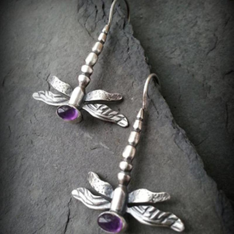 Retro Silver Color Women's Dragonfly Earrings Inlaid with Blue Stones Dangle Earrings for Women Party Engagement Fashion Jewelry