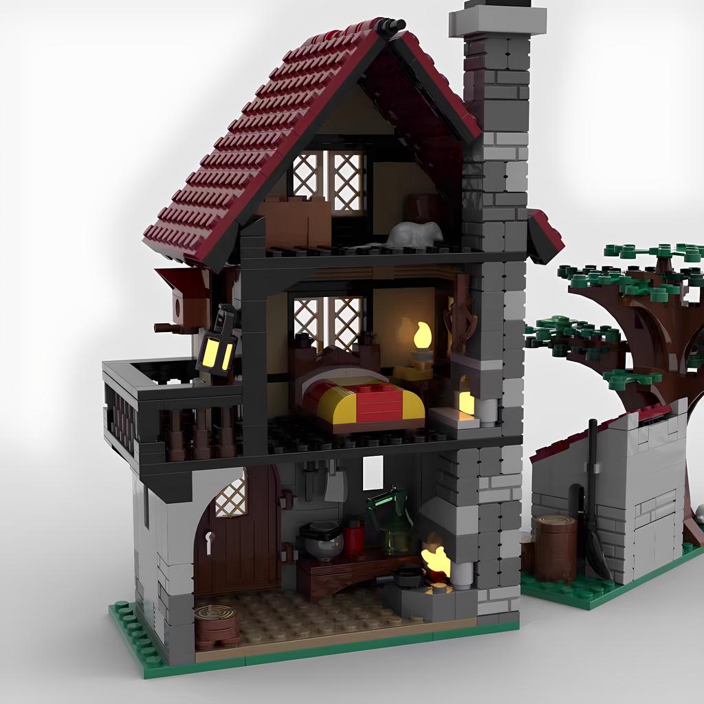 Non-Toxic Moc Medieval Small House Particle Intelligent Assembly Building Blocks Toy Pendulum With Printed Components