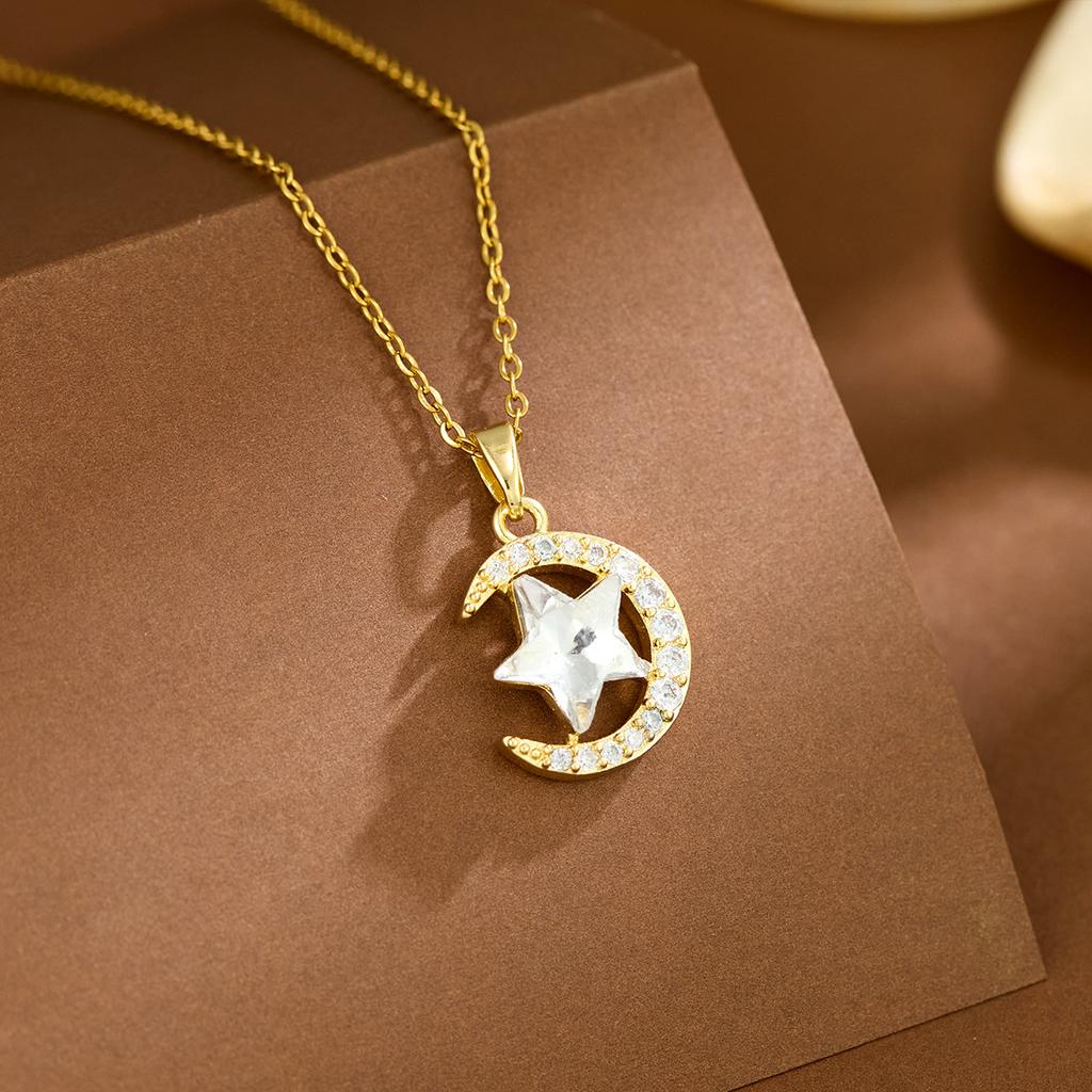 1pc Stainless Steel Moon Shaped Pendant Necklace Adorned With Rhinestones, Great Gift For Women
