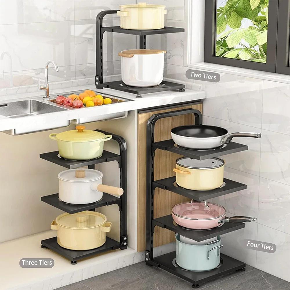 Sink Layered Pot Rack Free Layering Kitchen Pans Organizer Rustproof Snap-On Stainless Adjustable Pot Storage Rack Under Cabinet