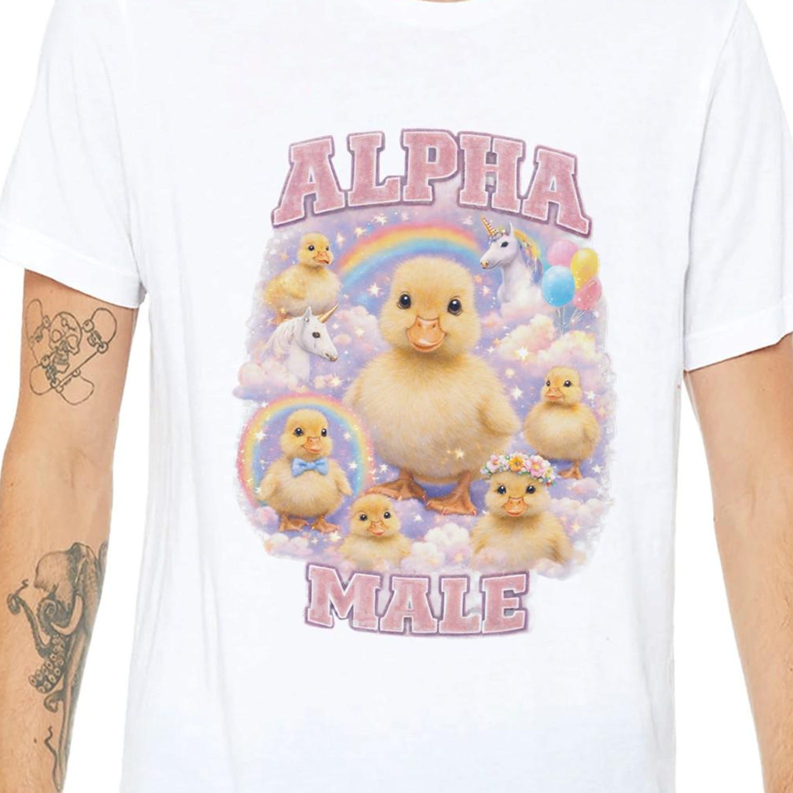 Alpha Male Baby Ducks & Unicorns T-Shirt – Funny Ironic Meme Shirt, Cute Satire Humor, Unisex Graphic Tee S