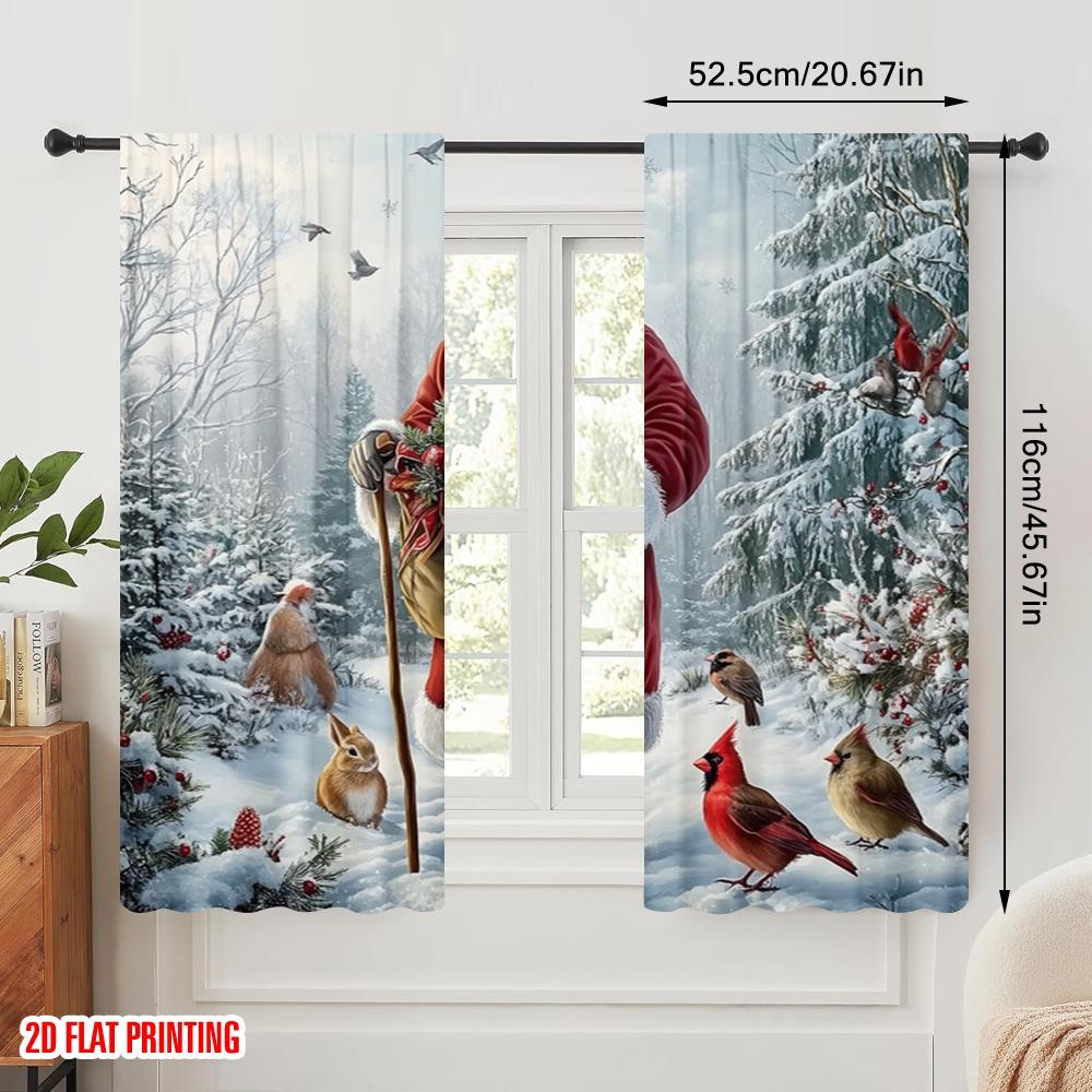 2pcs,2D Plane Printing Pattern Curtains Santa Forest Wildlife Christmas Present (2) Polyester Fabric (without Rod) Holiday Ldeal