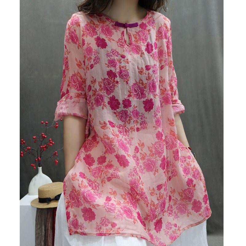Baumwolle und Leinen Damen Sommer Top Damen Neuer Print Leicht und Locker Lässig Vielseitig Mittellange Ärmel Hemd Top