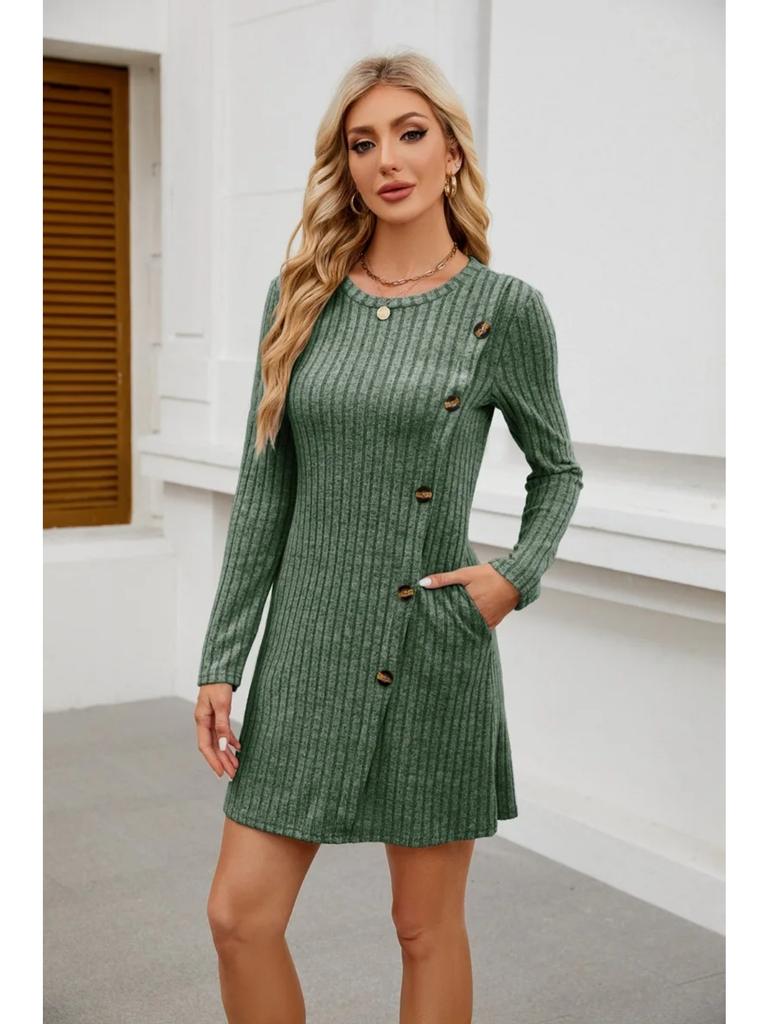 Popular Women's Round Neck Side Button Pocket Long Sleeved Waist Tied Dress
