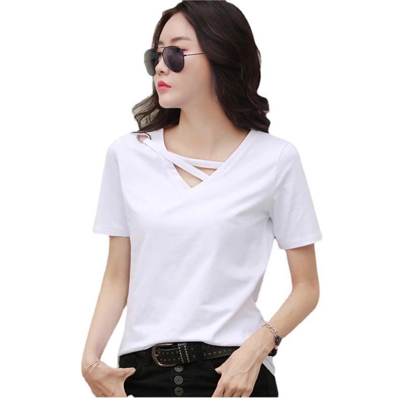 Korean Style V-Neck Black Loose Casual Summer T-Shirt for Women