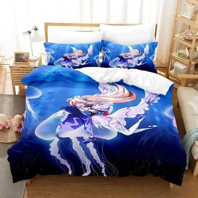Genshin Impact Sangonomiya Kokomi Bettwäsche-Set Cartoon dreiteiliges Set Erwachsener Kind Schlafzimmer Bettdeckenbezug Sets 3D Kawaii Mädchen