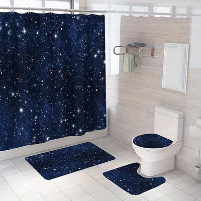 4Pcs Beautiful Stars Shower Curtain with 12 Hooks Non-Slip Bathroom Rug Bathroom Decor Set with Toilet Lid Cover Pad and U-Shape Mat