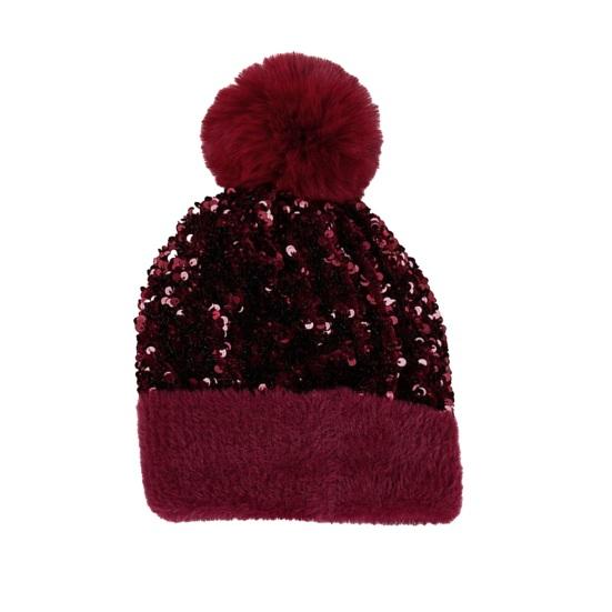 Women Knitting Hat Plush Ball Decor Shiny Sequins Decor Brimless Hat Winter Warm Furry Bucket Hat Headwear