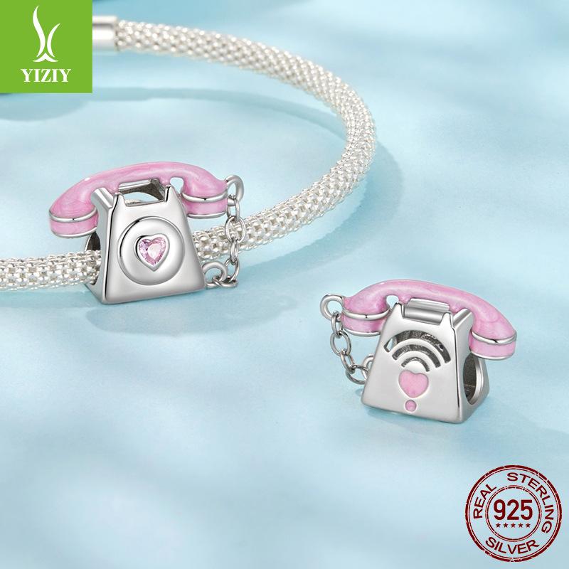 Pink Vintage Phone Diy Beaded Accessories Sweet Girly Heart Landline S925 Sterling Silver Beaded