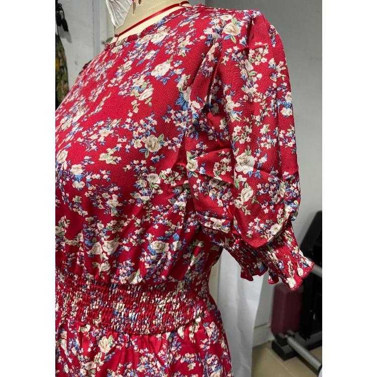 Women Summer Puff Sleeve High Waist Floral Midi Vacation Print Long Comfortable Lightweight High Recognition Elegant with Flattering Chic Dress