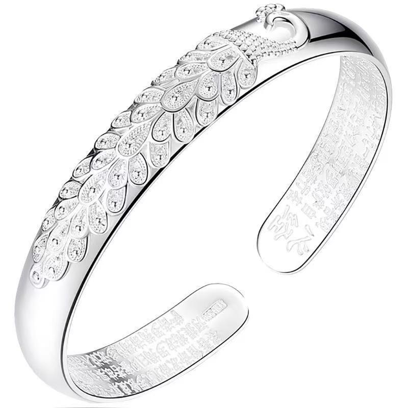 White copper silver-plated Peacock Heart Sutra open bracelet, fashionable and versatile solid open bracelet for women, a gift for a girlfriend