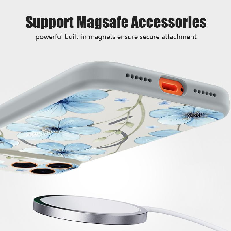 Lovely Sky-blue Flowers Pattern Case For iPhone 17 Pro Max Magnetic For Magsafe Skin Feeling Cover For iPhone 16 15 14 13 Pro Max