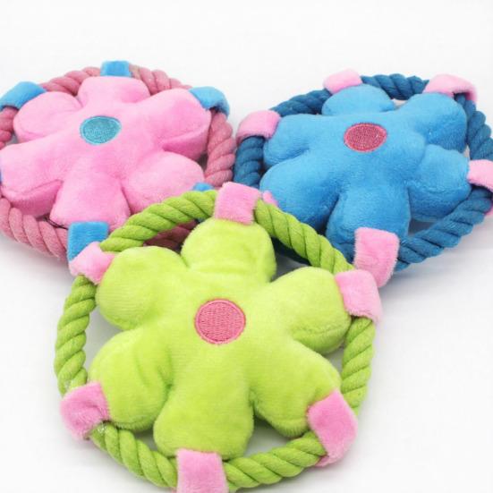 Plush Dog Flying Disc Squeaky Flower Dog Chew Toy with Rope Circle Interactive Fetch Toy for Large Small Dogs