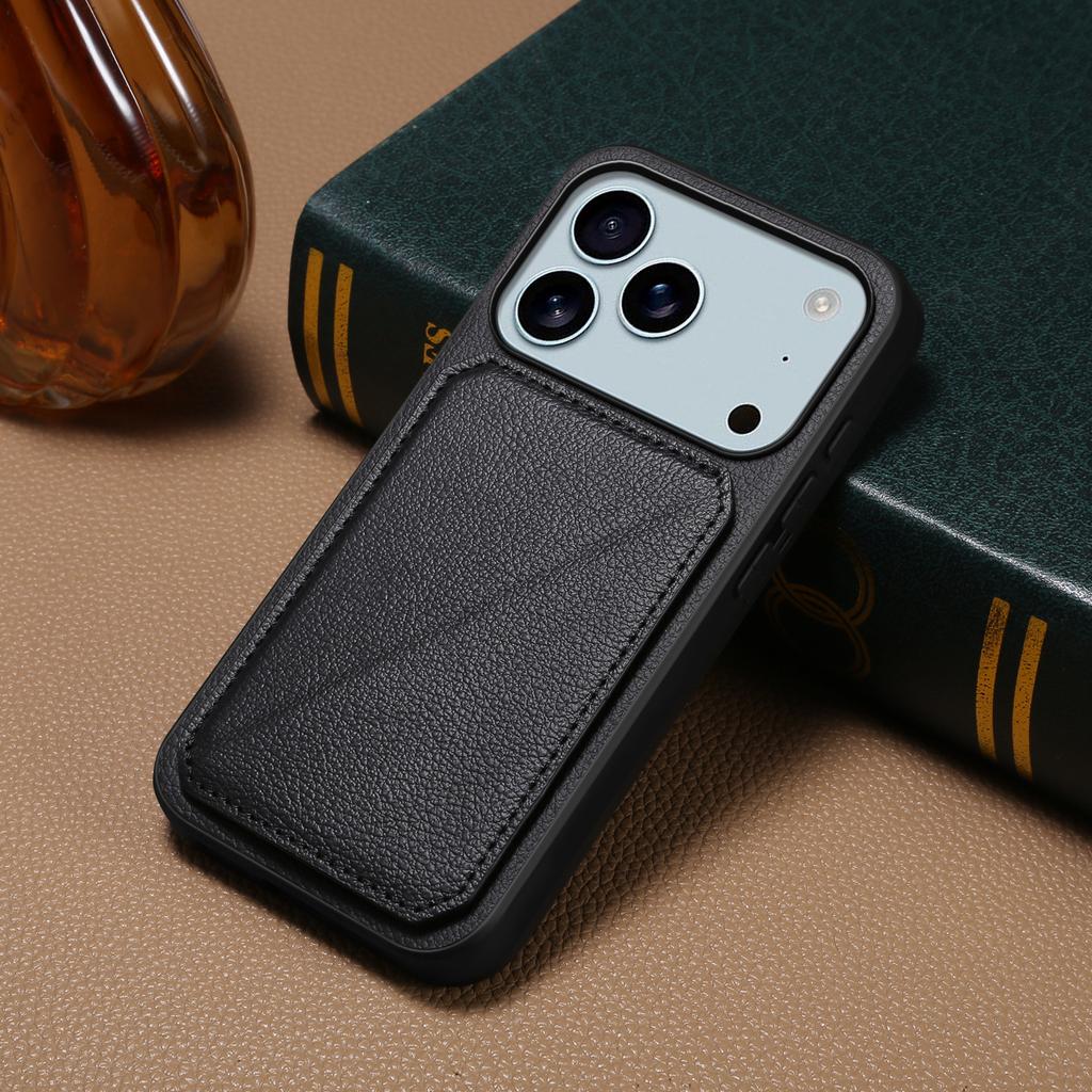 For iPhone 17 Pro Max Case Card Holder Kickstand Calf Textured Leather+PC+TPU Phone Cover