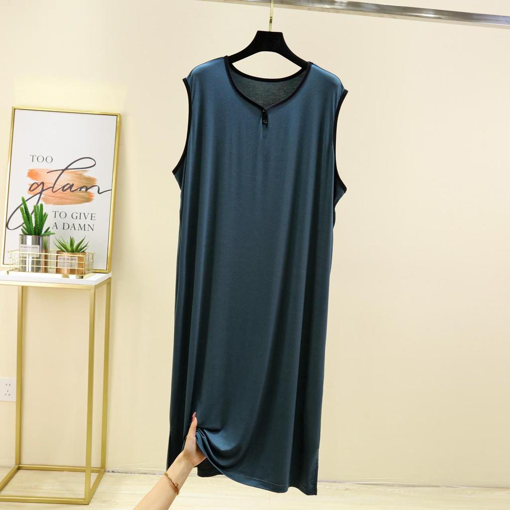 Men Modal Cotton Men Plus Size Night Gown for Summer Solid Color Thin Sleeveless Medium Long Loose Button Vest Style Dress