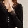 Spring 2025 Lace-Trimmed V-Neck Slim Knit Top for Women - Single-Breasted Sweater Shirt
