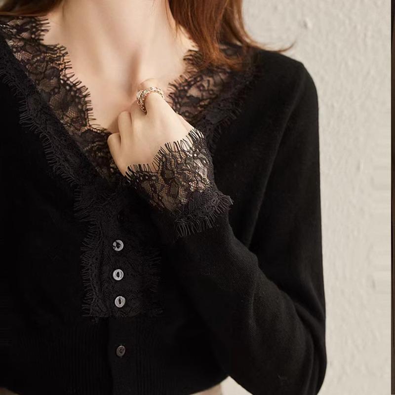 Spring 2025 Lace-Trimmed V-Neck Slim Knit Top for Women - Single-Breasted Sweater Shirt