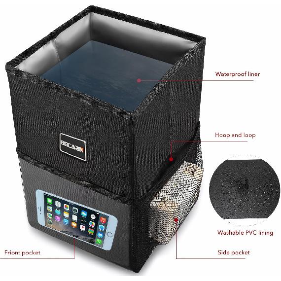Car Trash Can With Lid - Trash Bag Hanging With Storage Pockets Leak-Proof SUV Organizer Collapsible And Portable Waterproof Truck Garbage Bin, 2.6