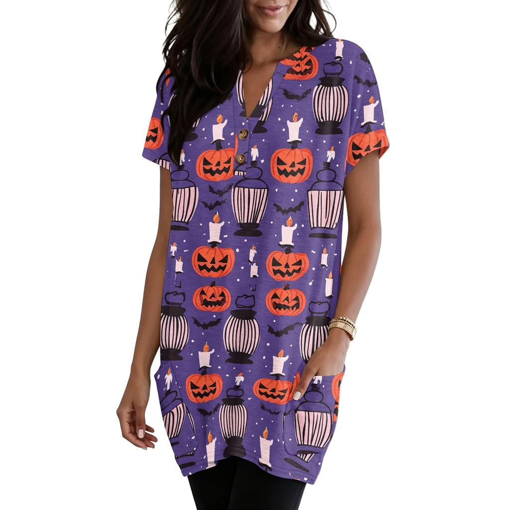 Women's V Neck Halloween Print Short Sleeve Pullover Dress with Pocket Casual Loose Fit Tunic Dress for Daily Wear