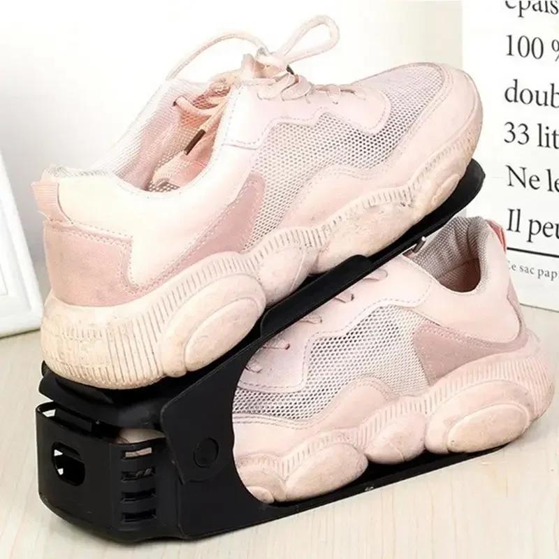 Household Creative Plastic Double Layered Adjustable Shoes Organizer Folding Shoe Storage Shoe Rack for Closet Organization