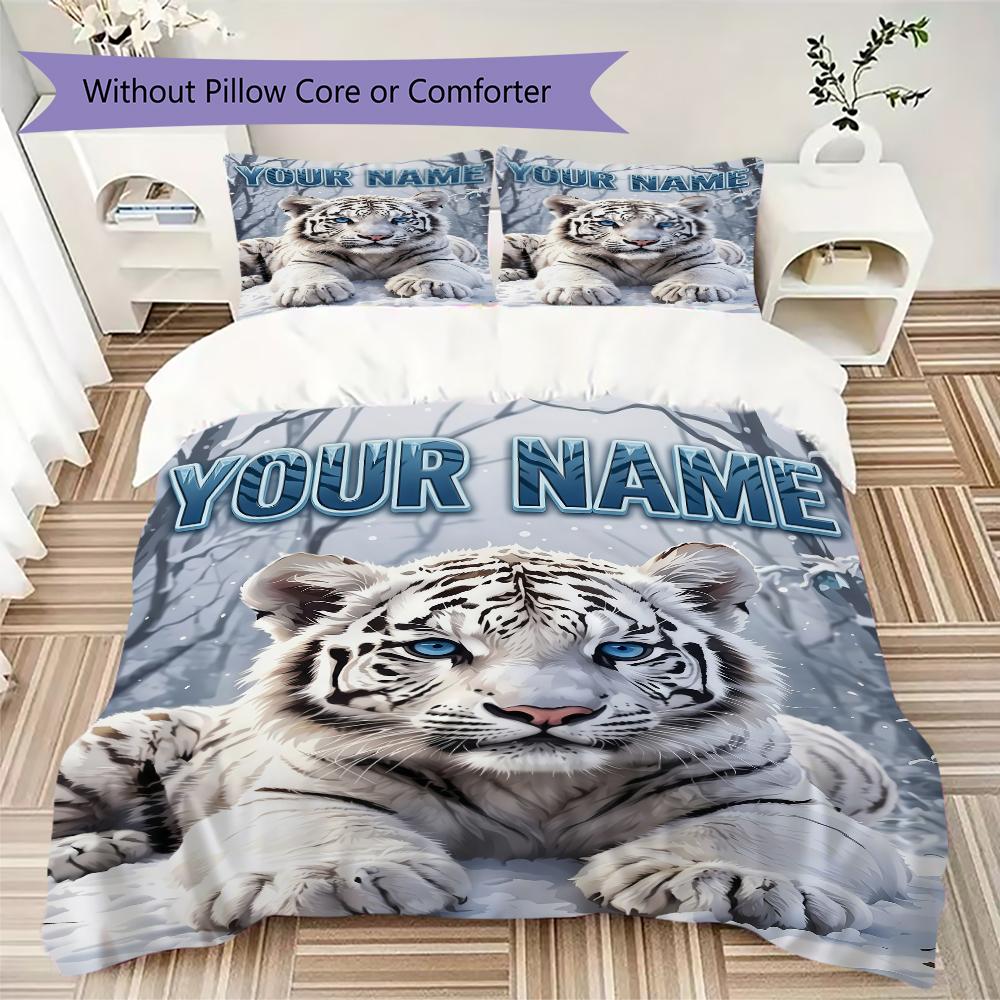 Custom Name White Tiger Artwork Bedding,Quilt Set Quilt Cover Pillowcase Home Birthday Gift(1 * Duvet Cover + 2 * Pillowcase, Without Core)_lx