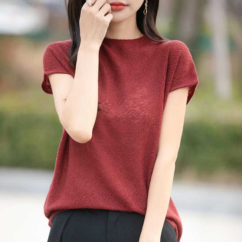 

Summer Lightweight Knitted Base Short-sleeved Women s High-neck Lace Crochet Openwork Solid-color Loose Sleeve T-shirt XXL червоний