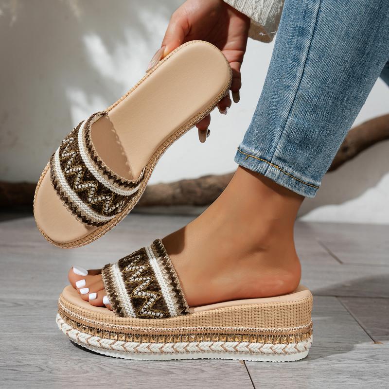 Fashion Ethnic Weave Straps Beach Platform Wedge Slippers Women 2025 Summer Bohemia Medium Heels Slides Luxury Comfort Outdoor Slides
