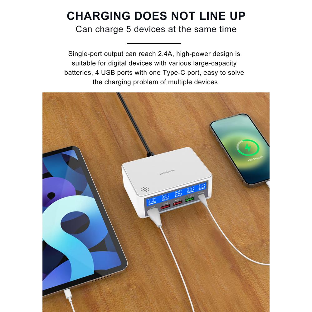 Încărcător USB multiplu 65W Stații de încărcare USB cu 5 porturi cu afișaj LCD PD 20W + Încărcător rapid QC3.0