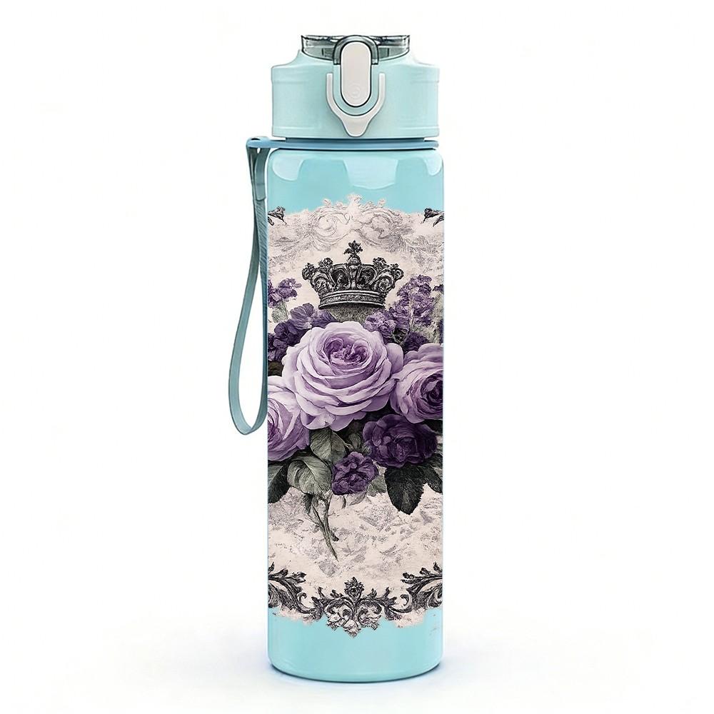 1PC Purple Rose Vintage Floral Print 750ml Color Plastic Sports Water Bottle Leakproof Flip Straw Lid Suitable for Sports Office Home Use