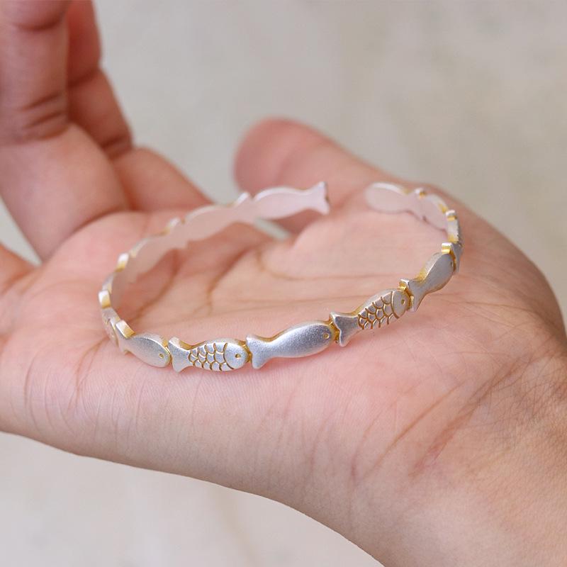Little Fish  Chinese Style 9999 Gold Inlay Sterling Silver Open Bangle - Women s Thin Style Pure Silver Bracelet 9999 Pure Silver